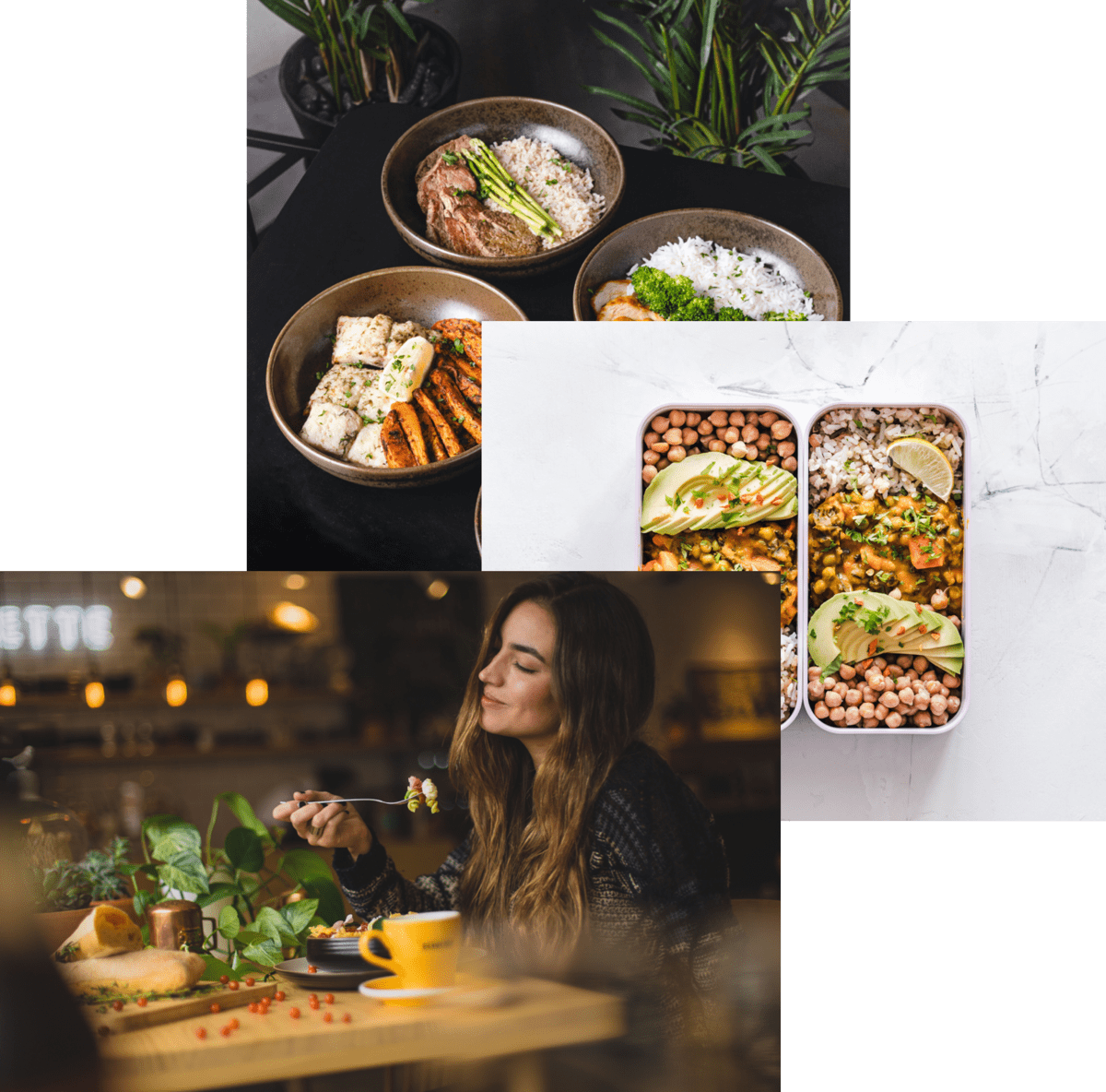 woman enjoy food, meals in
              storage container, and food bowls on a table